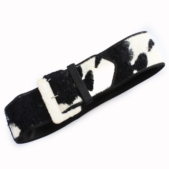 Vintage Norma Kamali OMO Cow Print Wide Belt Black White Faux Fur Leather 90s main image 8